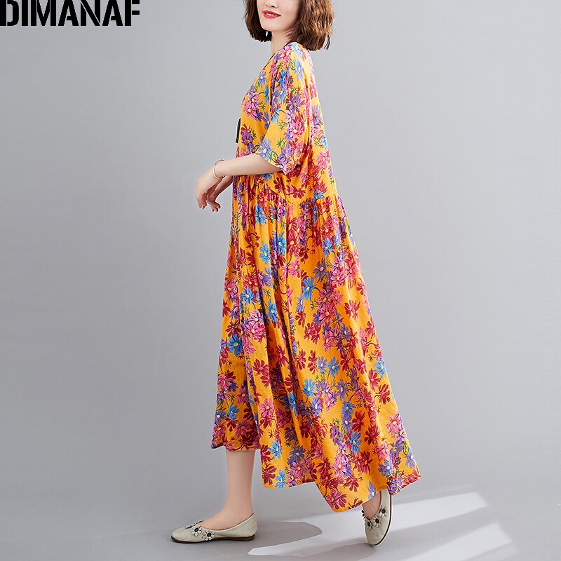 DIMANAF Summer Plus Size Women Dress Print Floral Female Vestidos Sundress Beach Style Loose Pleated Lady Long Dress 5XL