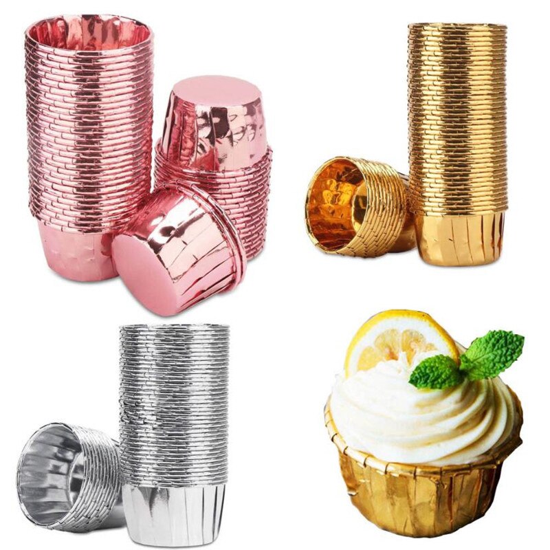 50 Stuks Cupcake Wrappers Krimpen Muffin Gevallen Cake Liner Goud Zilver Gecoat Papier Kopjes Hittebestendig Bakvorm Taart Benodigdheden