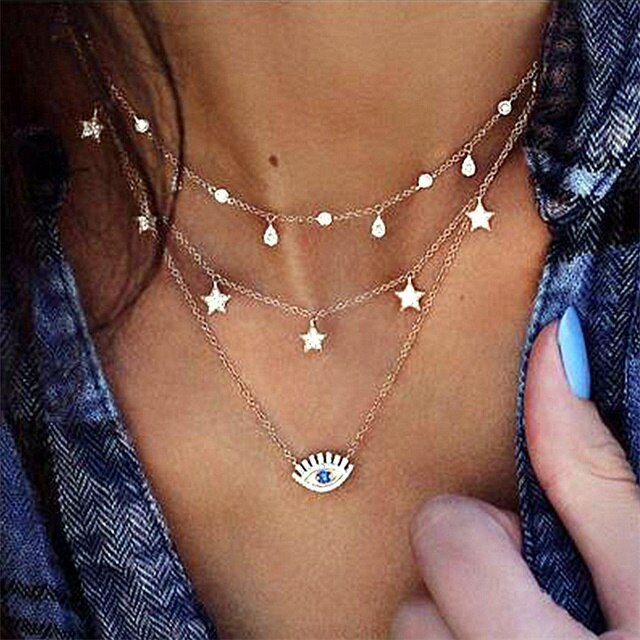 FNIO Boho Multi-layer Crystal Pendant Necklace Women Gold Necklace Vintage Multi-element Choker Necklace Jewelry: LNIN802