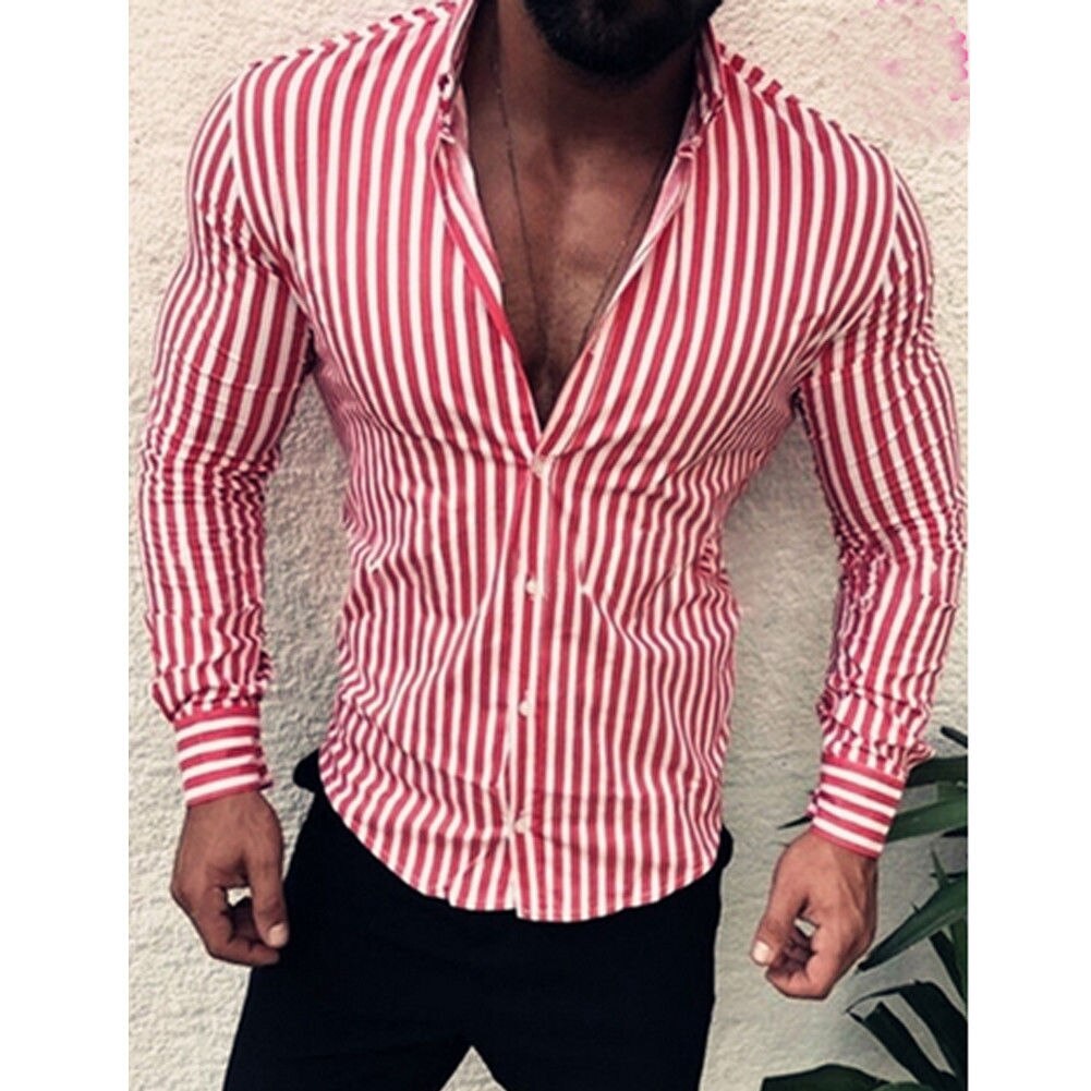 Miesten luksus tyylikäs slim fit business rento paita uusin sprintti syksy yksinkertainen raita pitkähihaiset paidat topit: Punainen / Xxxl