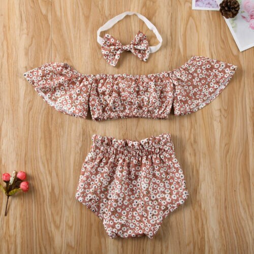 Peuter Pasgeboren Baby Meisje Kleding Sets/Jurk Bloemenprint Off Shoulder Tops + Shorts Of Baby A-lijn Jurk