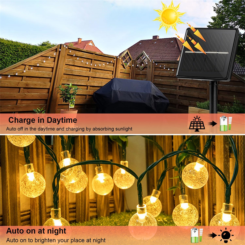 Solcelledrevne lyslenker utendørs  ip65 vanntette 60 led-lys med 8 moduser krystallkule julelys til hage, plen, veranda, dekor, camping