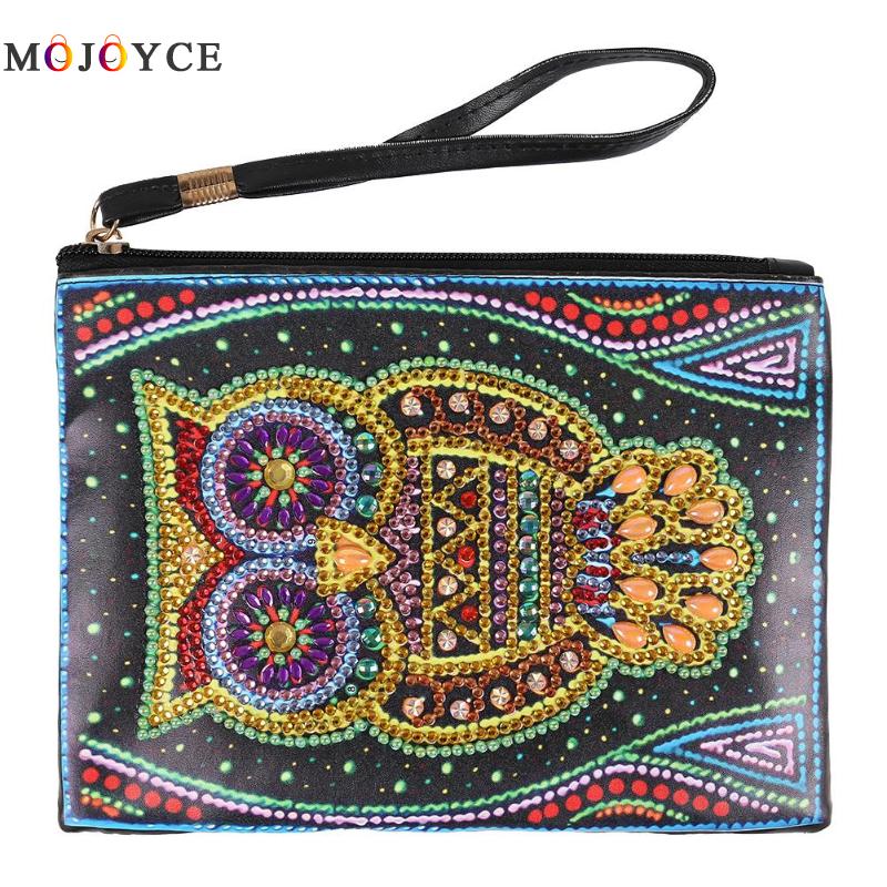 Women Wristlet Bags DIY Special Shaped Diamond Painting Zipper Wallet Women Clutch Coin Purses: Owl