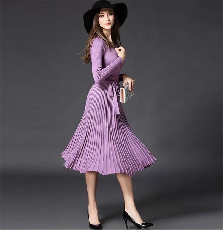 Women v neck pleated wrap a-line knitted dress bow tie sashes long sleeve female Autumn Spring mid calf vestidos B: Lavender