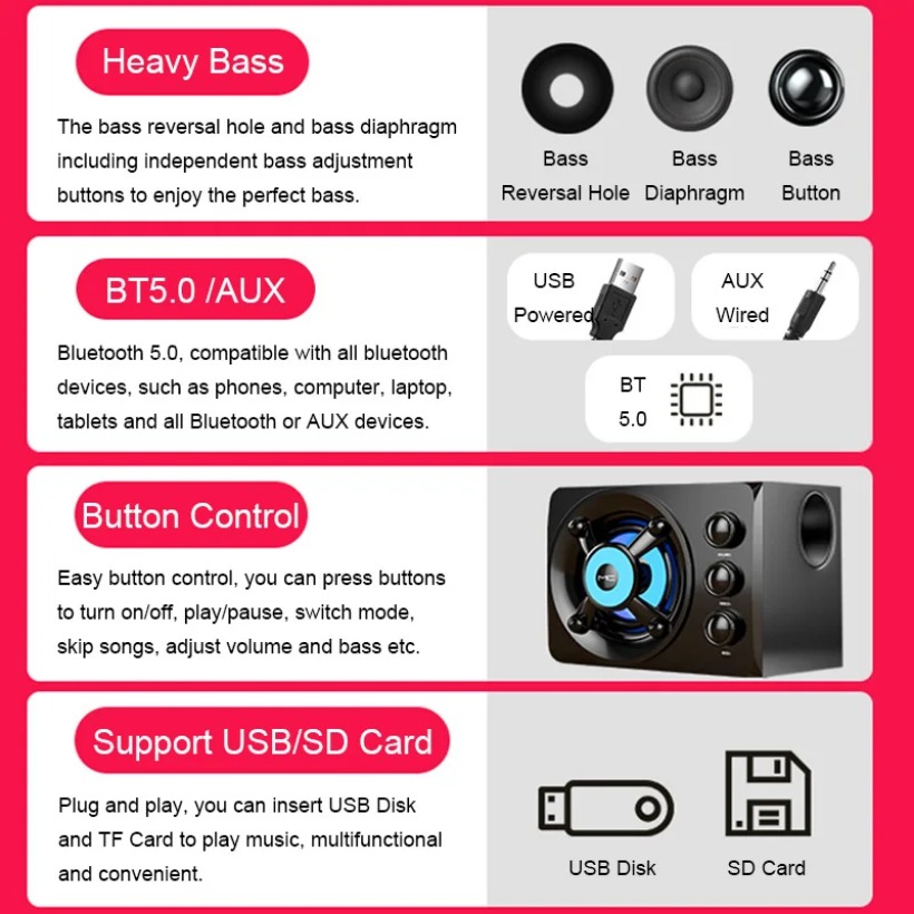 Hifi 3d stereohøjttalere farverig led kraftigt lys aux usb kablet trådløs bluetooth lyd hjemmebiograf surround sound bar tv
