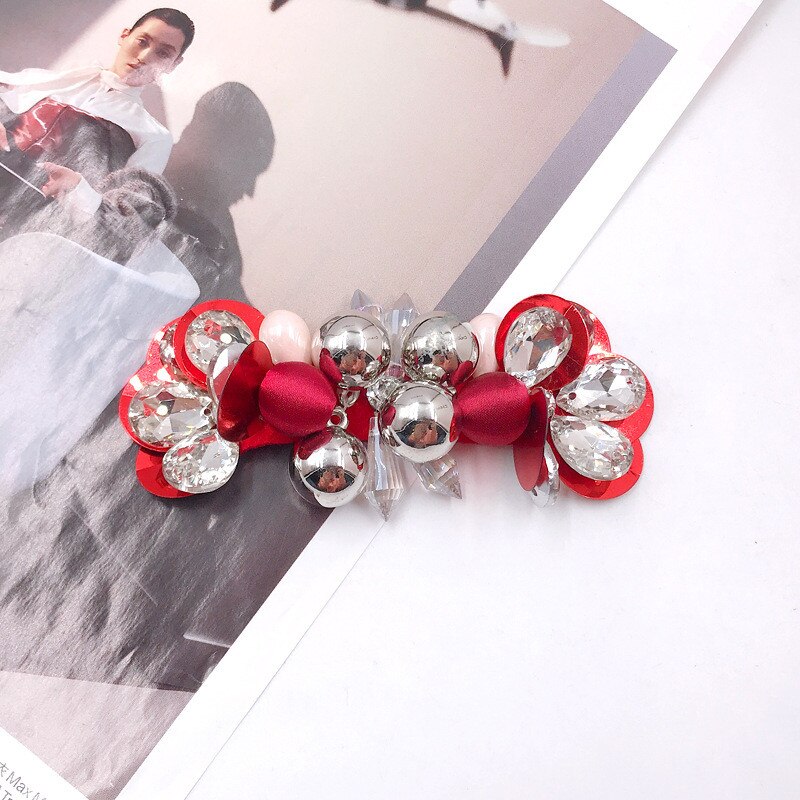 Zapatos de novia perla brillante, accesorios de de boda, zapatos planos de tacón alto, zapatillas, adornos de diamantes de imitación para zapatos, flores: Rojo