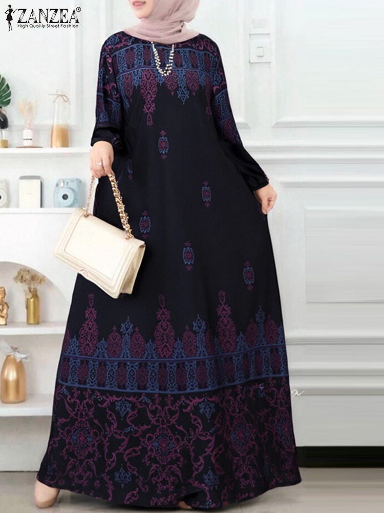 Frauen Langarm Muslimischen Kleid Abaya Kaftan ZANZEA Bohemien Gedruckt Sommerkleid IsIamic Kleid Eid Mubarek max Lange Vestidos: XXL / Blau