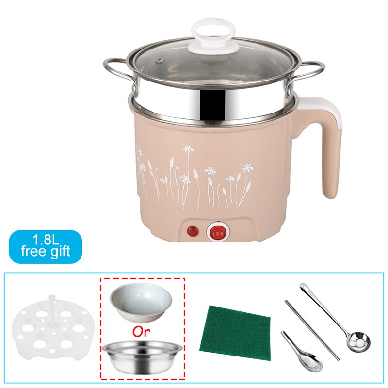 1.8L Multi-function Electric Skillet Noodles Rice Cooker Thermal Insulation Cooking Pot Pan Food Container WITH FREE: 1.8L stainless Khaki