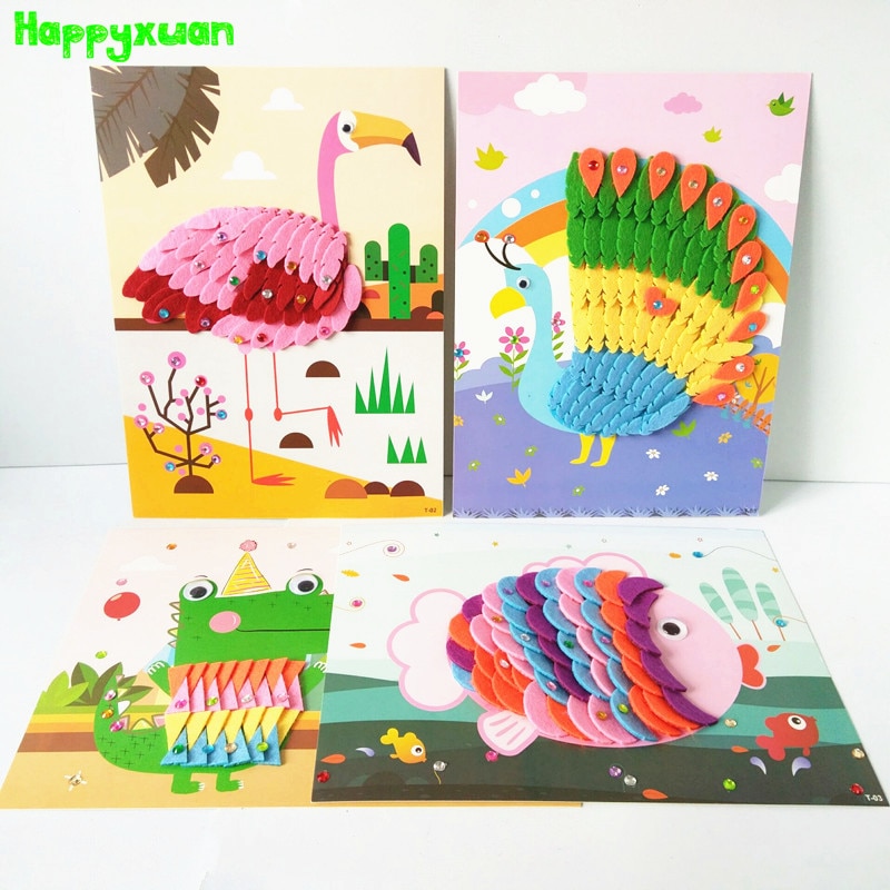 Happyxuan 8 Designs Children Craft Kit Cartoon Animal Felt Fabric Sticker 3D Handmade DIY Toy Kindergarten Education