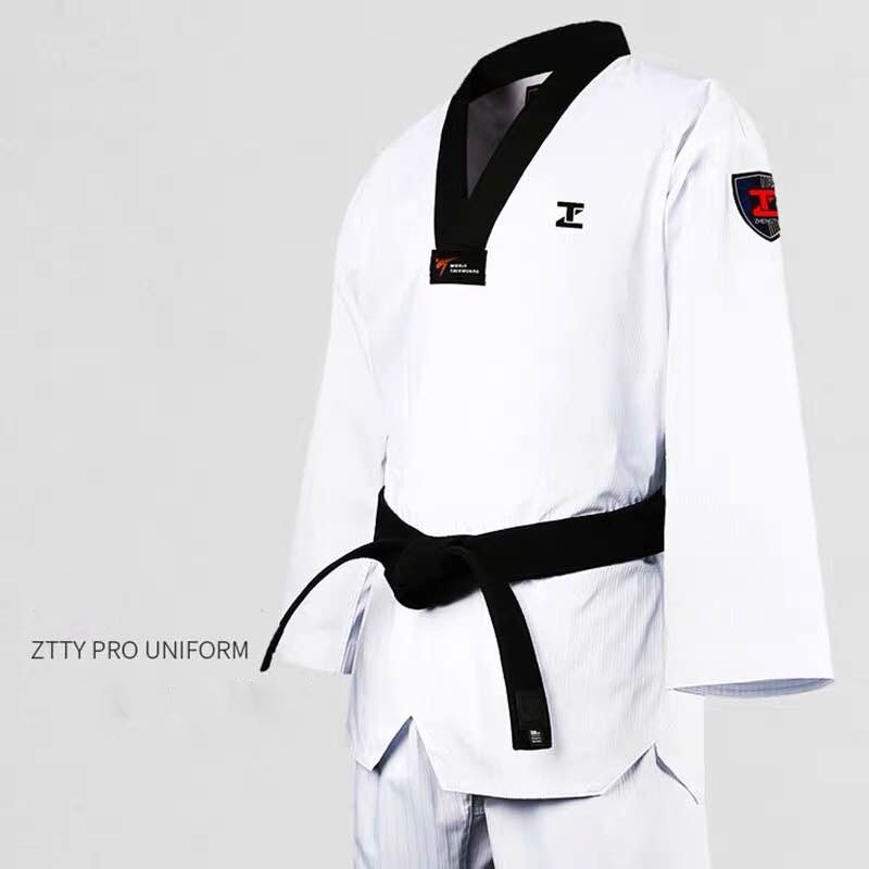 Ztty taekwondo dobok bomuld hvid karate uniform wtf bælte rød sort v-hals judo udstyr til børn voksen sauna dragt