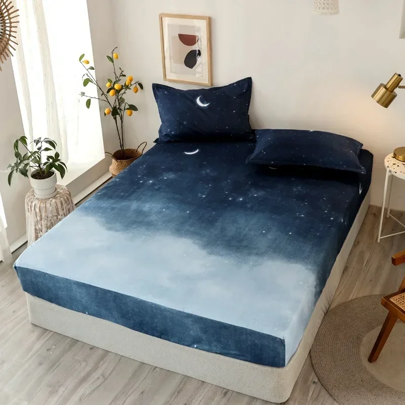 Polyester Print Fitted Sheet with Elastic Band Non Slip Mattress Cover Pillowcase for Single Double Bed 90/120/150/180cm: Full / light green