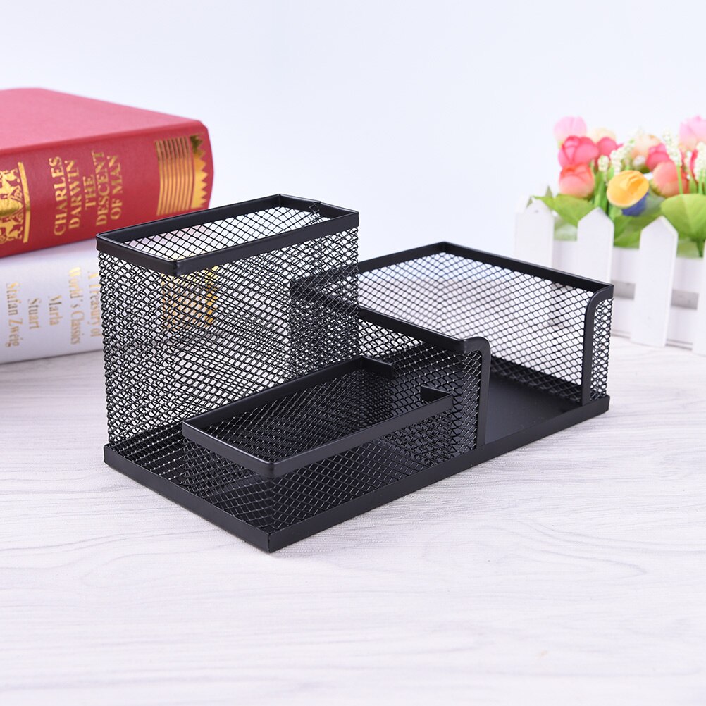 1pc Mesh Pen Holder Affordable Students Office Desk 3 Compartments Metal Pen Holder Black School Stationery Supplies