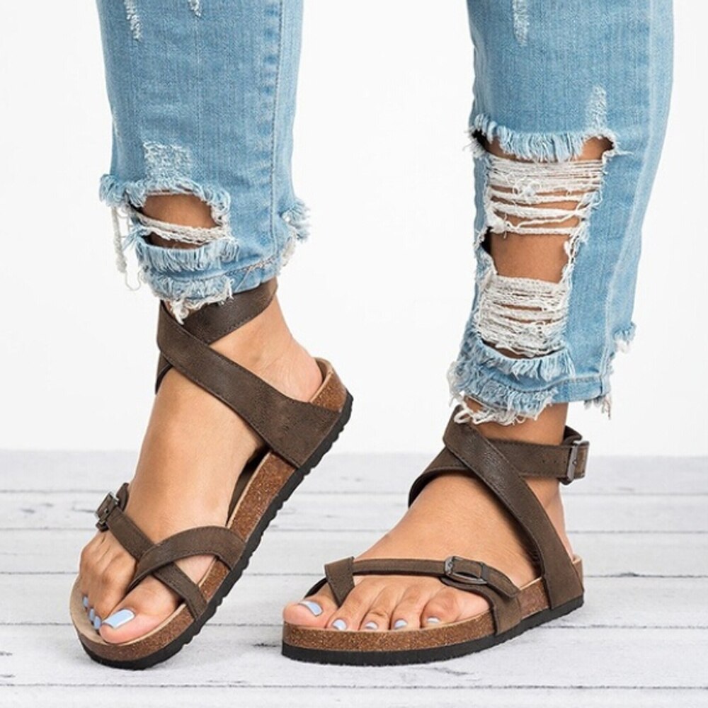 Women's Sandals Shoes Summer Toe Thick Flat Solid PU Casual Girl Beach Female Flops Ladies Footwear Women Black Brown 35-43