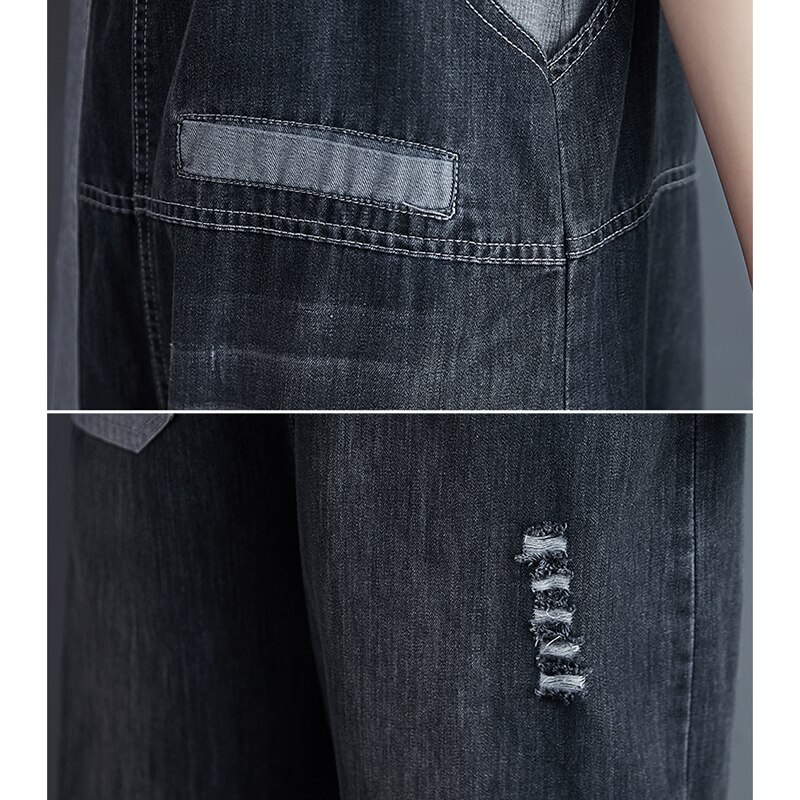 Ropa de calle gris negro mujer mono mezclilla holgada oversize rasgada Mom Jeans monos camal ancho Patchwork bolsillo Correa pantalones holgados