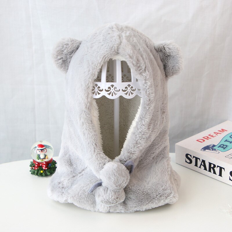 Schattige babymuts met berenoortjes, warme pluche wintermuts voor meisjes en jongens, effen kleur, oorbescherming voor buiten, zachte peutermuts: Grijs