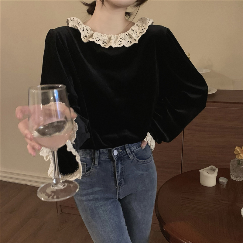 Mexzt vintage sammetsskjortor kvinnor spetsblusar kontorsdam koreanska söta volanger långärmade casual toppar