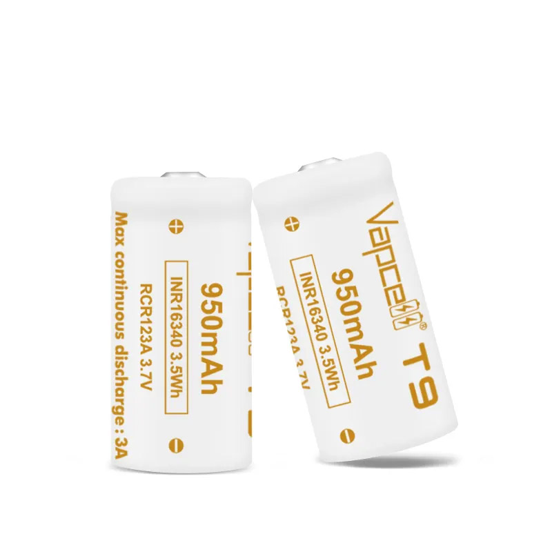 Højkapacitets vapcell  t9 inr 16340 batteri 950 mah 3a 3.7v knap top genopladeligt batteri udskifter rcr 123a celler til lommelygte