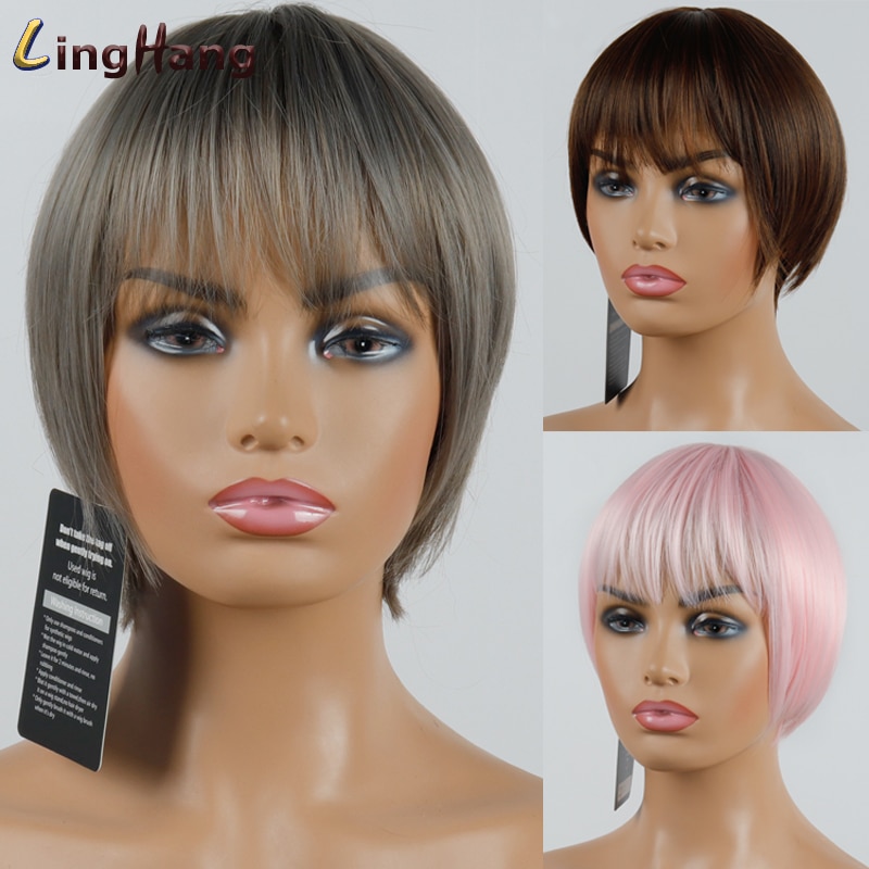 LINGHANG Short Brown Black Straight Wig Pixie Hair Cut Style Wigs For Women Synthetic Hair High Temperature Fiber