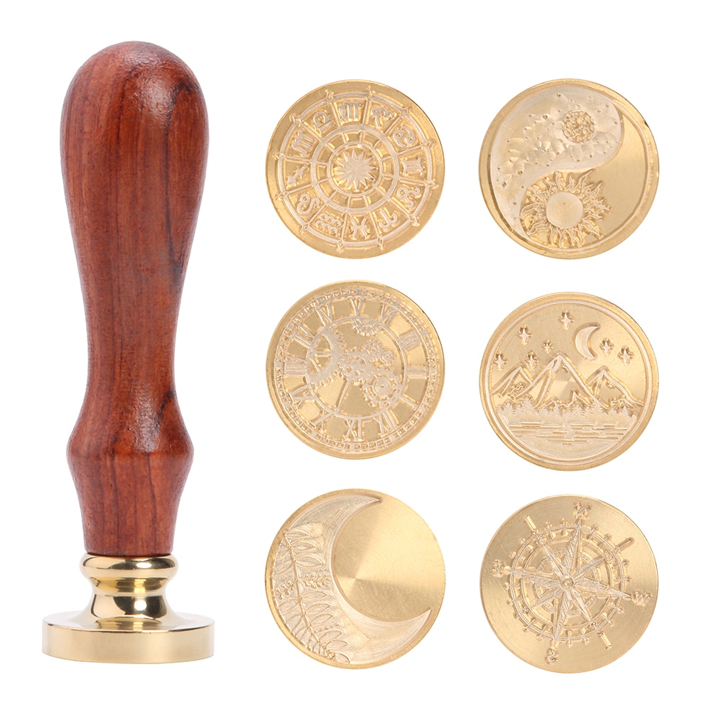 CRASPIRE Zegellak stempel Set, Wax Seal Stempel Set Universum Thema 10 Stks Messing Hoofd 2 Stks Houten Handvat Retro Stempel voor Bruiloft Uitnodigingen Gift Verpakking Kaarten Brieven Enveloppen