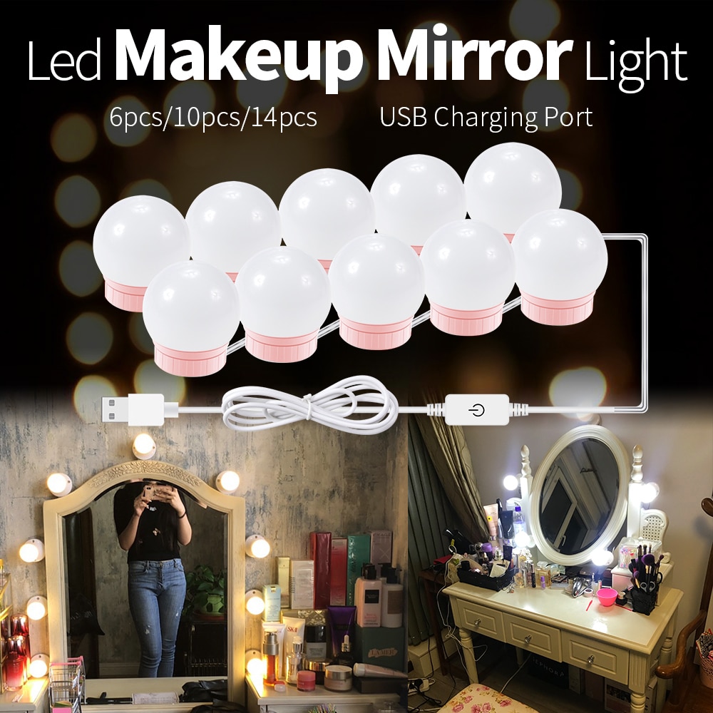 Hollywood Stijl Kaptafel Lamp 6 10 14 Bollen Kit Led Make-Up Spiegel Touch Sensor Switch 12V Led Spiegel licht Usb Muur Lampen