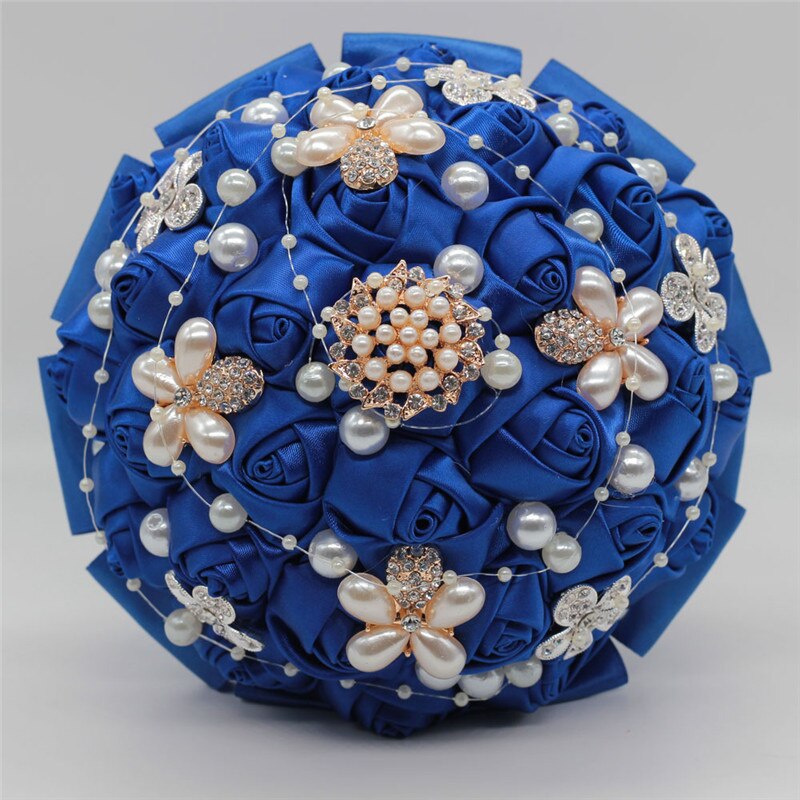 Royal blue artificial rose wedding bouquet wedding ribbon gold diamond silver diamond pearl decoration bride wedding bouquet