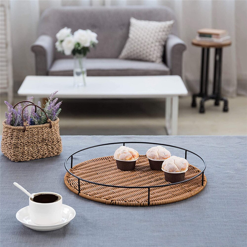 Rattan Woven Tray Round Basket Tray Coffee Table Tray Wood Plates Ottoman Tray for Living Room Brunch Decor Kitchen Ware