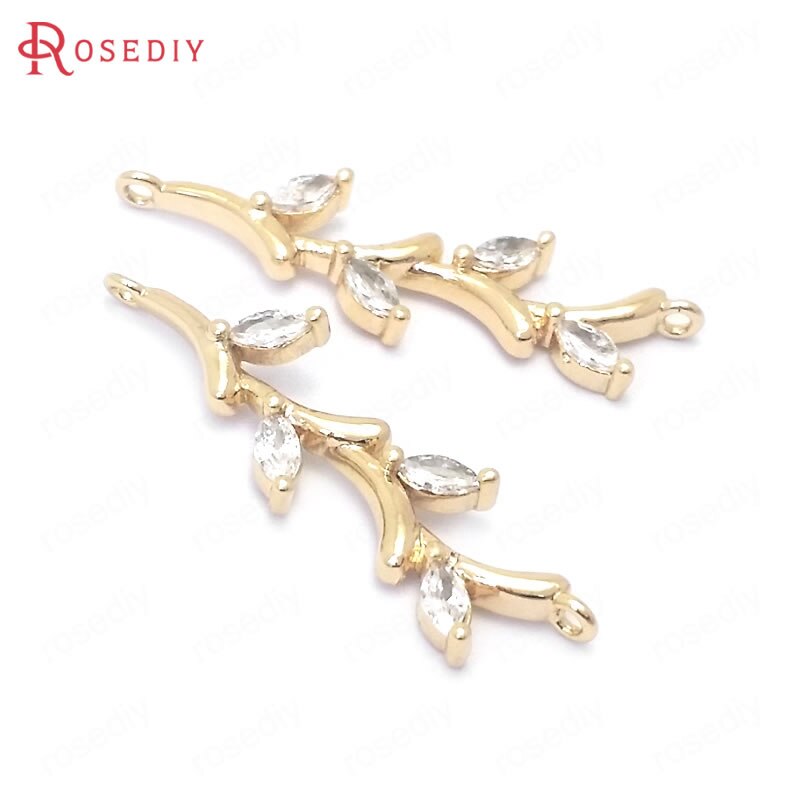 (39082)4PCS 29.5x8.5MM 24K Gold Color Brass and Zircon 2 Holes Tree Branch Connect Charms Pendants Jewelry Making Accessories