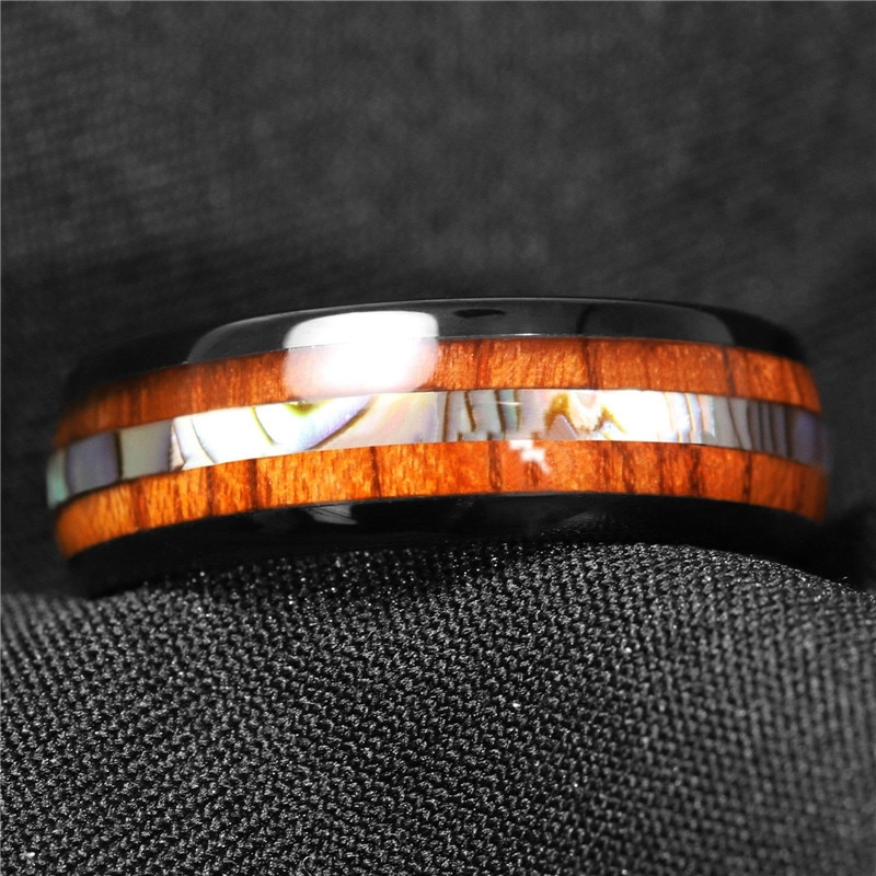 FDLK 8mm Black Stainless Steel Ring Koa Wood Abalone Wedding Band Men’s Jewelry