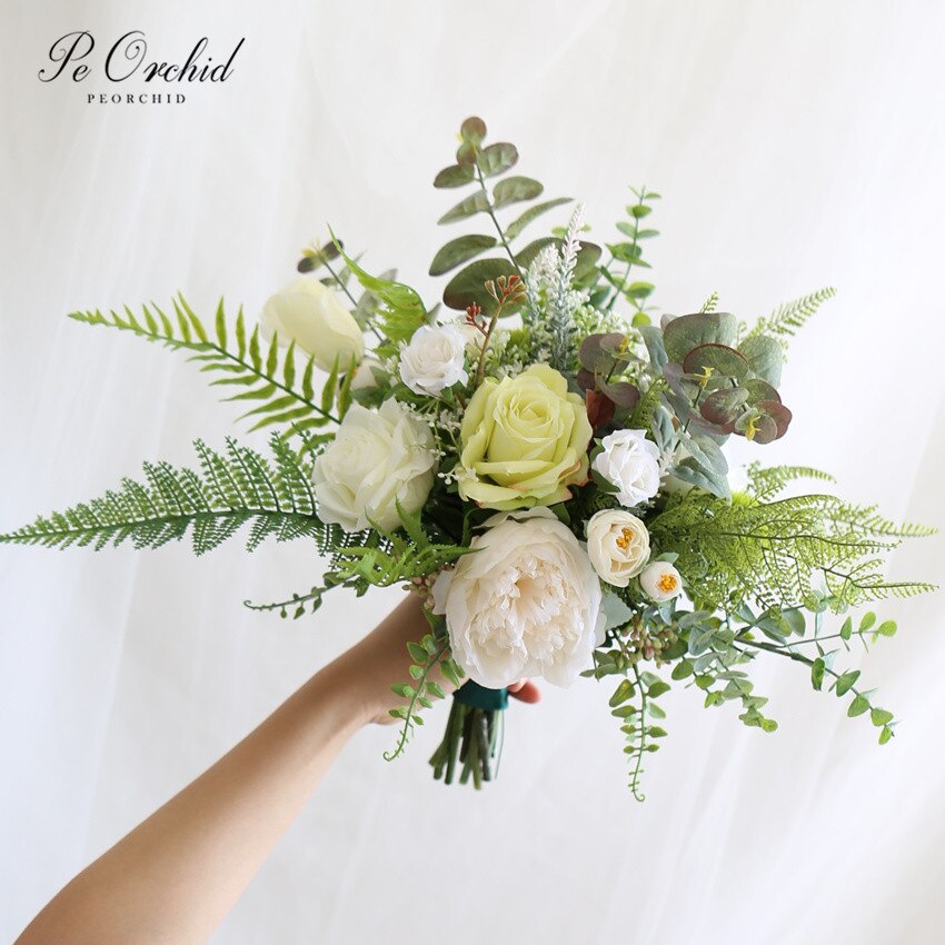 PEORCHID Boho Stijl Strand Bruiloft Bloemen Voor Bruid Boeket Kunstmatige Groene Eucalyptus Nep Boeket Bridal Decoratie