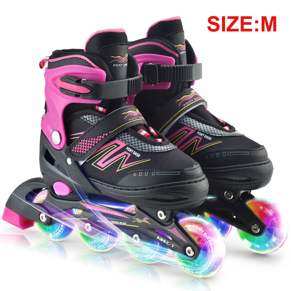 Inline Skates Adjustable with Illuminating Wheels Outdoor Roller Skates Children Tracer Adjustable Inline Skate: Pink M