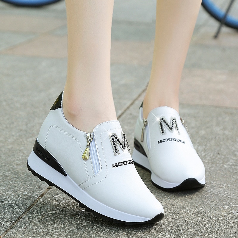 Lata skor en pedal fritidsskor vita platåskor dam sneakers strass andas höjd ökande skor