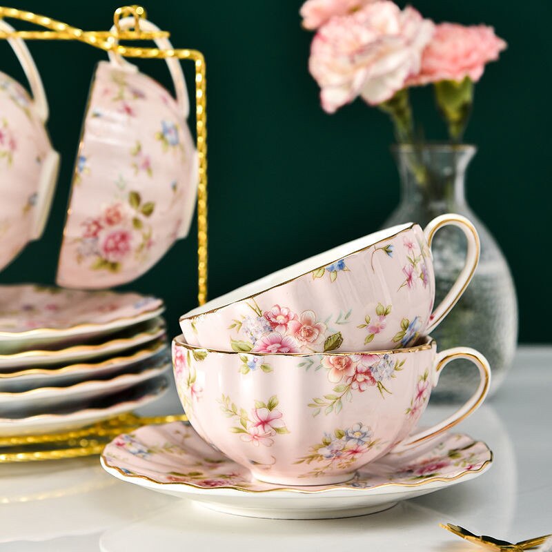 5-kleuren Bone China Koffiekopje Schotel Lepel Een Set Bloem Theekop Set Europese Porseleinen Kop en Schotel Voor Koffiemok