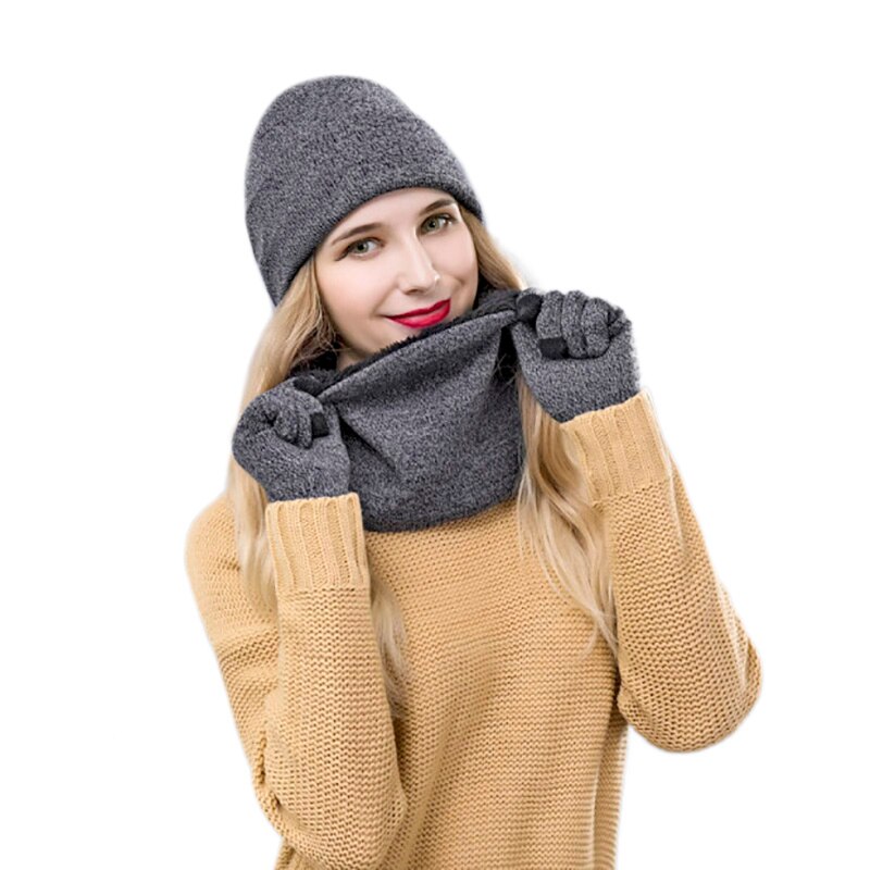 Kvinder vinterhuer tørklæder handsker kit strikket plus fløjlshue tørklædesæt til mandlige kvinder 3 stk/sæt huer tørklædehandske