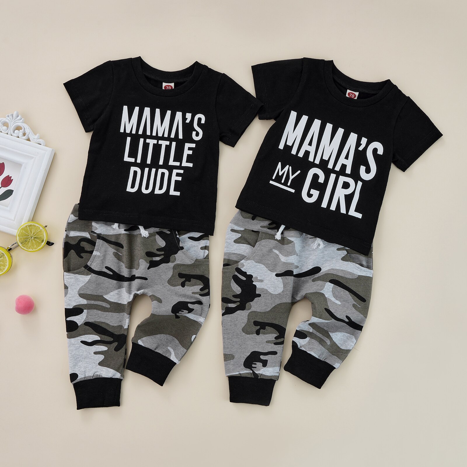 2- teiliges freizeitoutfit für kleine jungen, herbst-einstellen für kleinkinder: kurzarm-oben mit rundhalsausschnitt und buchstabenprint + lange Schlauch Ich bin Tarnung-suchen (3m-3ter- Pack)