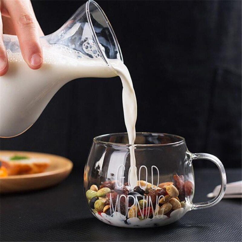 1Pcs Brief Print Creatieve Glas Koffie Mokken Goede Ochtend Hand Transparant Fruit Salade Ontbijt Melk Cup Glas Thee Drankjes