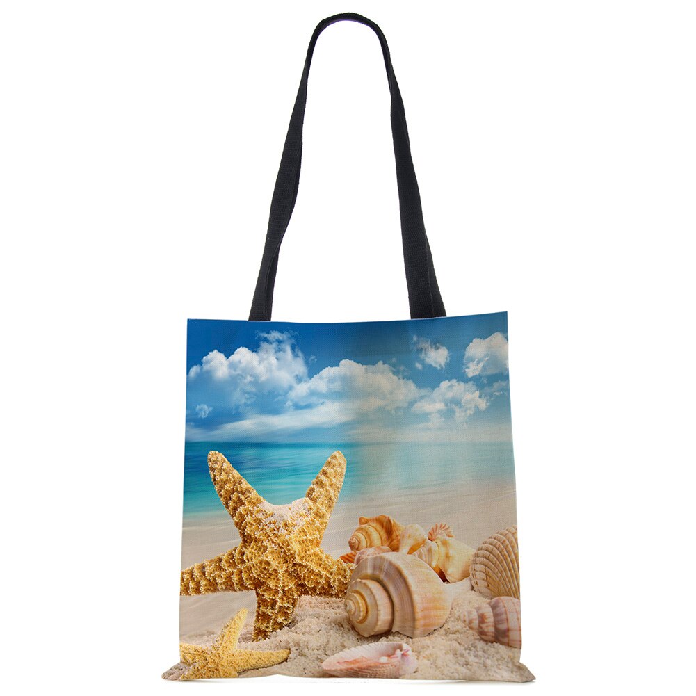 Dames Schoudertas Blauwe Oceaan Zeester Strand Zand Prints Tote Bag Linnen Stof Mooie Casual Praktische Handtas
