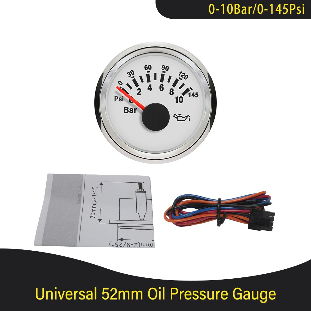 Universal vandtæt 52mm olietryksmåler 0-5 bar 0-75 psi /0-10 bar 0-145 psi med rød baggrundsbelysning 9-32v til bil lastbil båd: 0-10 bar ws
