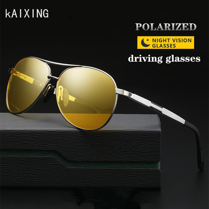 Kaixing aluminium luftfart antirefleks kørsel solbriller mænd kvinder vintage gule nattesyn briller polariseret skygge briller