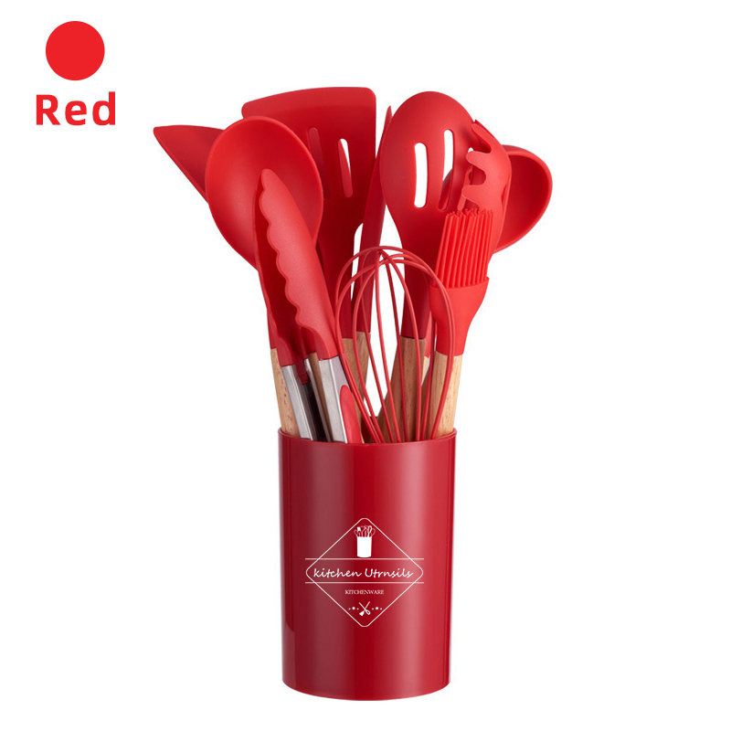 Silicone Kitchen Utensil Set Non-toxic cooking baking kitchen tools silicone shovel spoon scraper brush spade whisk turner: Red