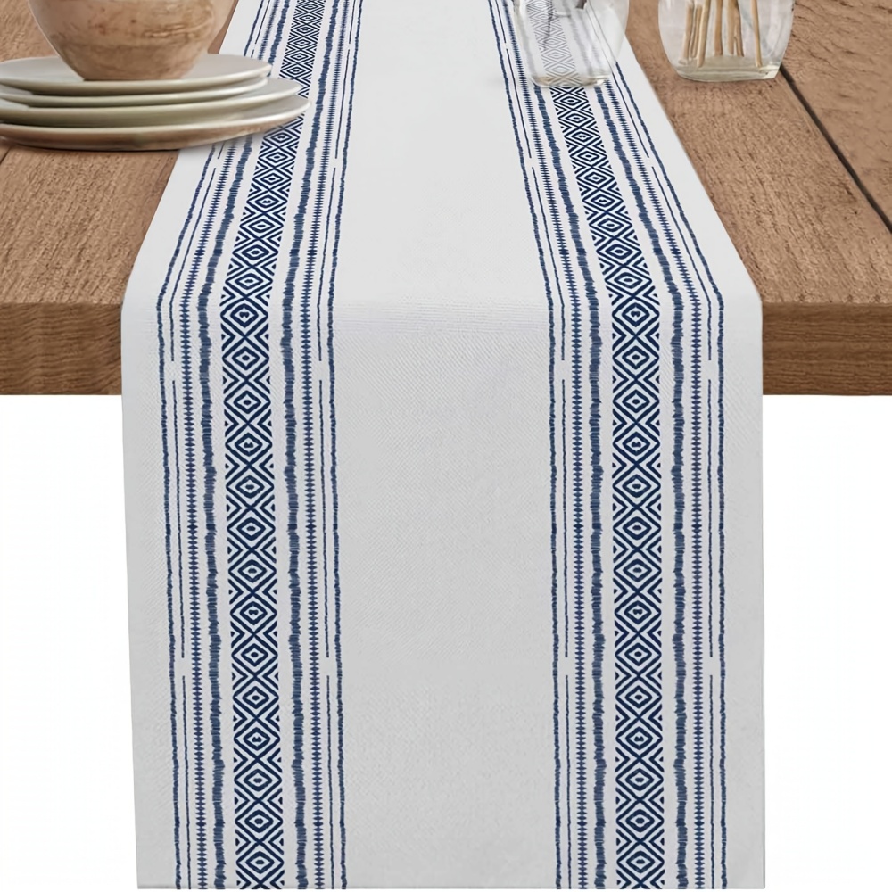 1pc bohemiska bordlöpare långa - duk med blå och vita geometriska ränder, bohemisk lantlig inredning för bröllop: 34*240cm