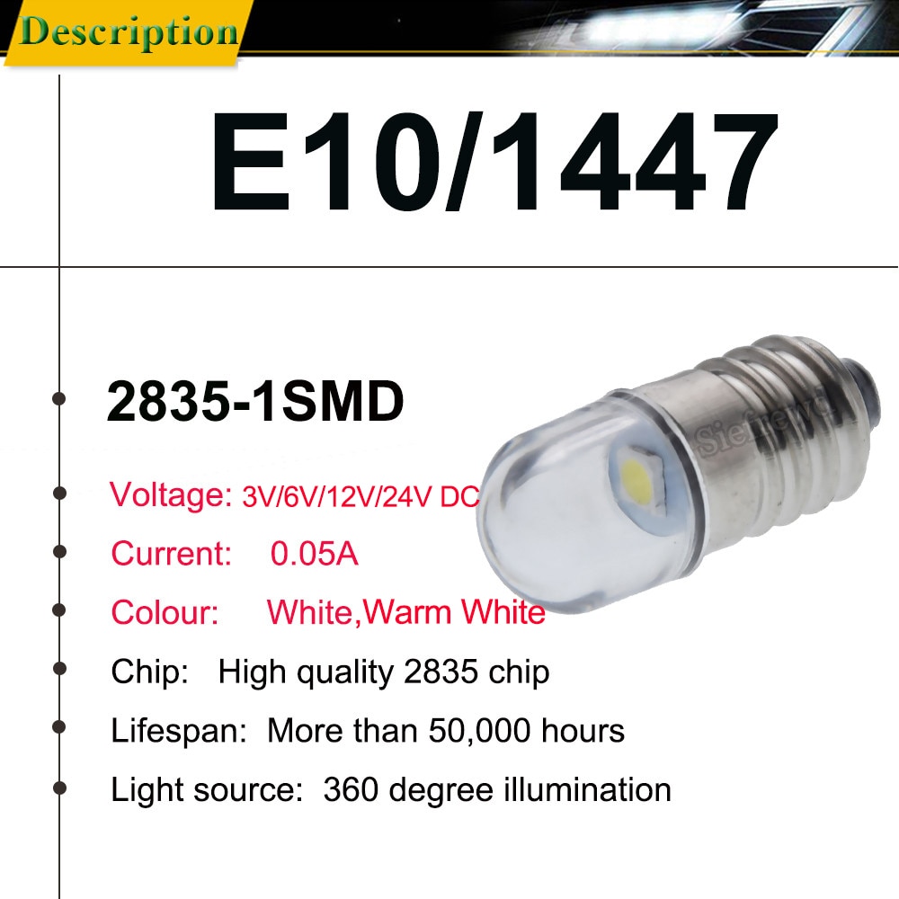 Ampoule LED E10 3V 6V 12V 24V, blanc 2835, 4 pièces, vis miniature, lampe de remplacement, torche pour vélo, bricolage
