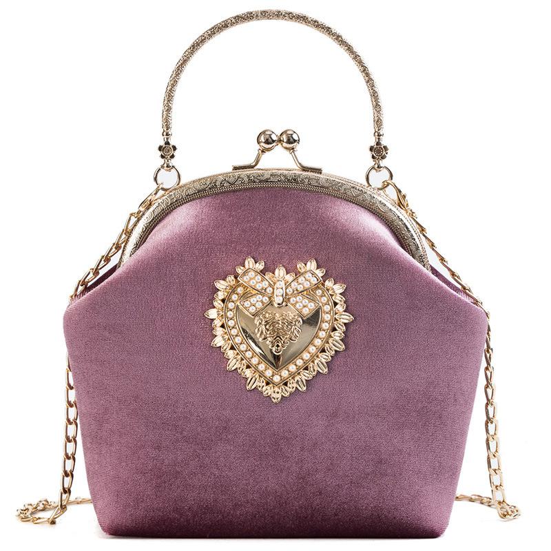 Kvindelig fløjl perle håndtaske vintage velour hjerte aftentaske bryllupsfest brud clutch velour taske pung: Lyserød