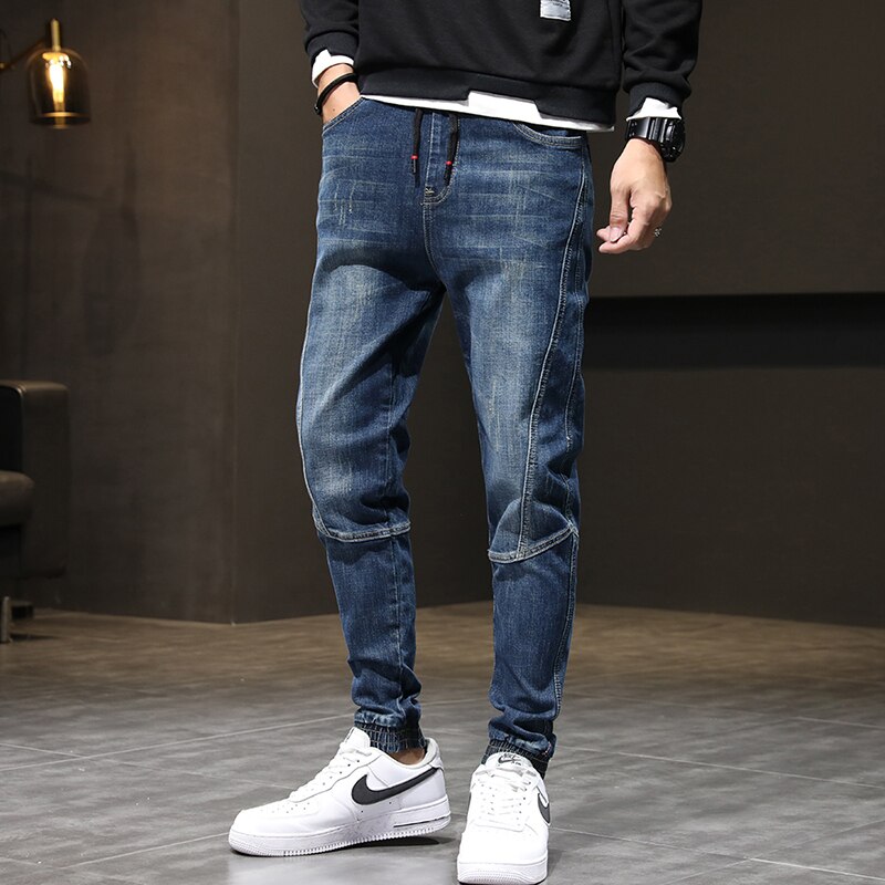 Joggingbukser til mænd jeans elastisk talje snøre blå afslappet tilspidsede herrebukser mænd oversize bukser jeans 42