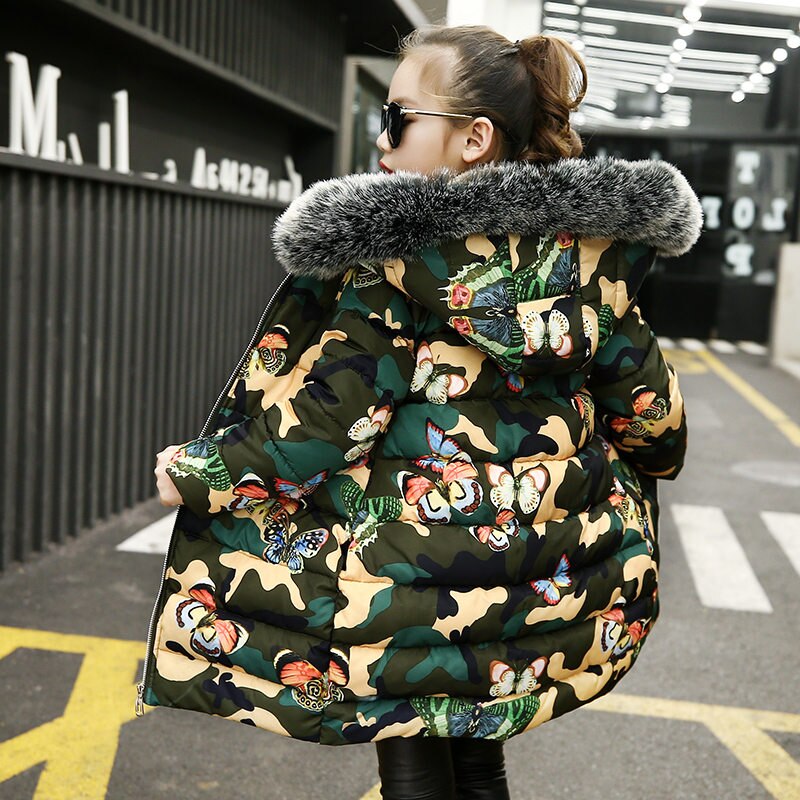 Girl Winter Jacket Children's Wear Cotton-padded Clothes Girls Camouflage Printed Thickening Clothes Kids Hooded Jacket