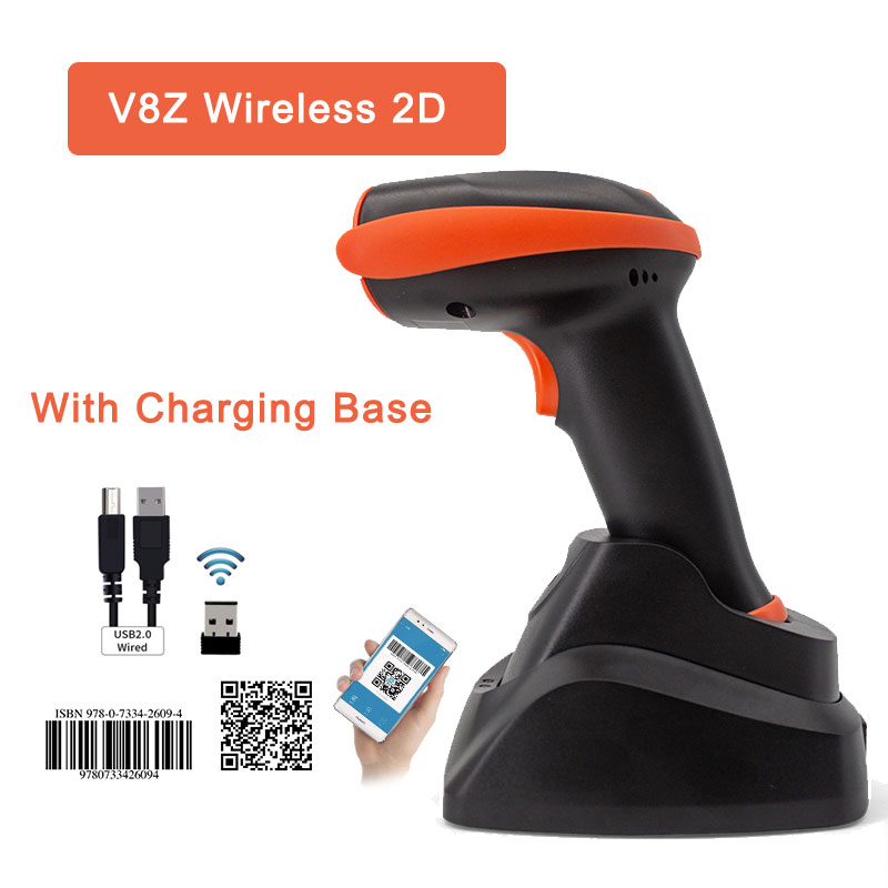 Handheld kabellos Barcode Scanner Tragbare verdrahtet 1D 2D QR Code PDF417 Leser für Einzelhandel Einkaufen Logistik Lagerbier: V8Z kabellos 2D