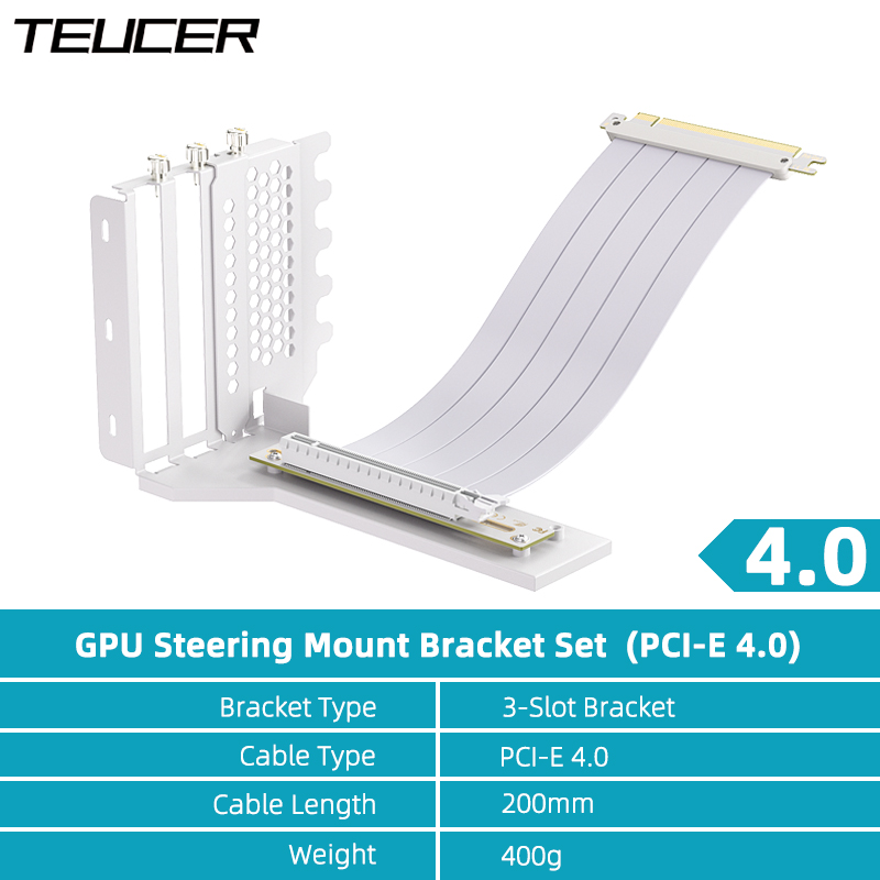 TEUCER L-Z3 GPU Vertical Mounting Bracket Kit, PCIe 4.0 X16 Riser Cable 200mm, Graphics Card Steering Mounting Bracket: WHITE