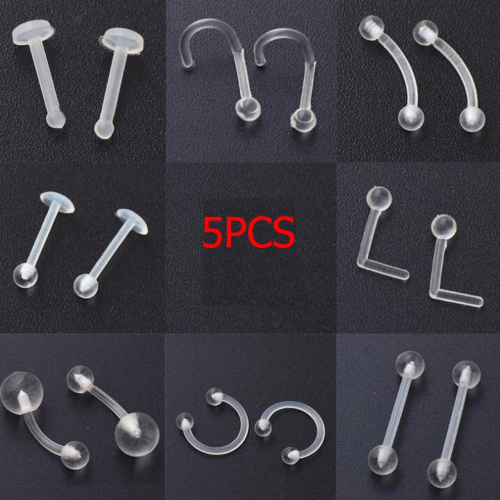 5 uds piercing lengua mancuerna damas Simple anillo de nariz estilo perno de retención transparente para mujeres joyería del cuerpo Bioflex