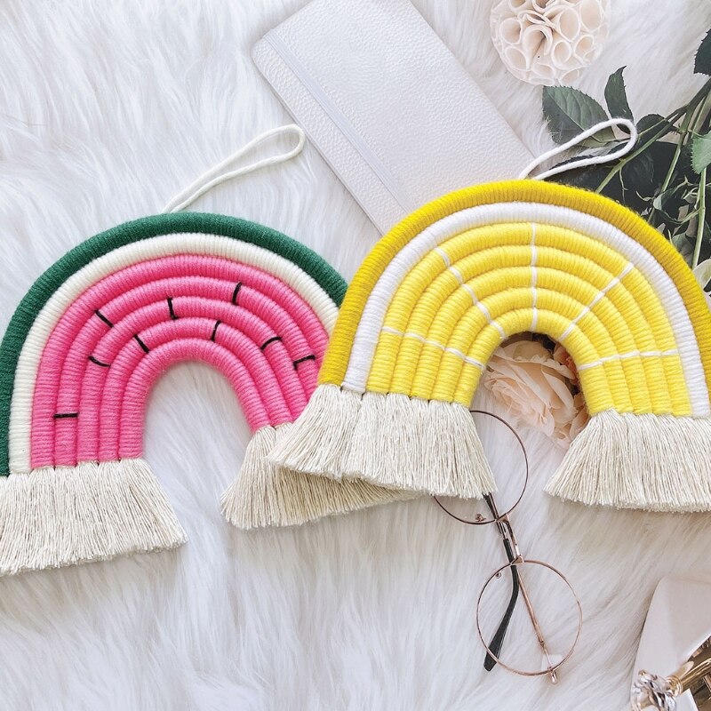 Adorno colgante de pared de arco iris de puntos, tejido hecho a mano, macramé, decoración nórdica para el hogar, guardería, habitación de niños, arte artesanal