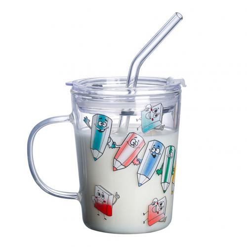 Tasse isolante en verre avec paille et couvercle, 350ml, Double paroi, pour pastèque, thé au lait: Pencils