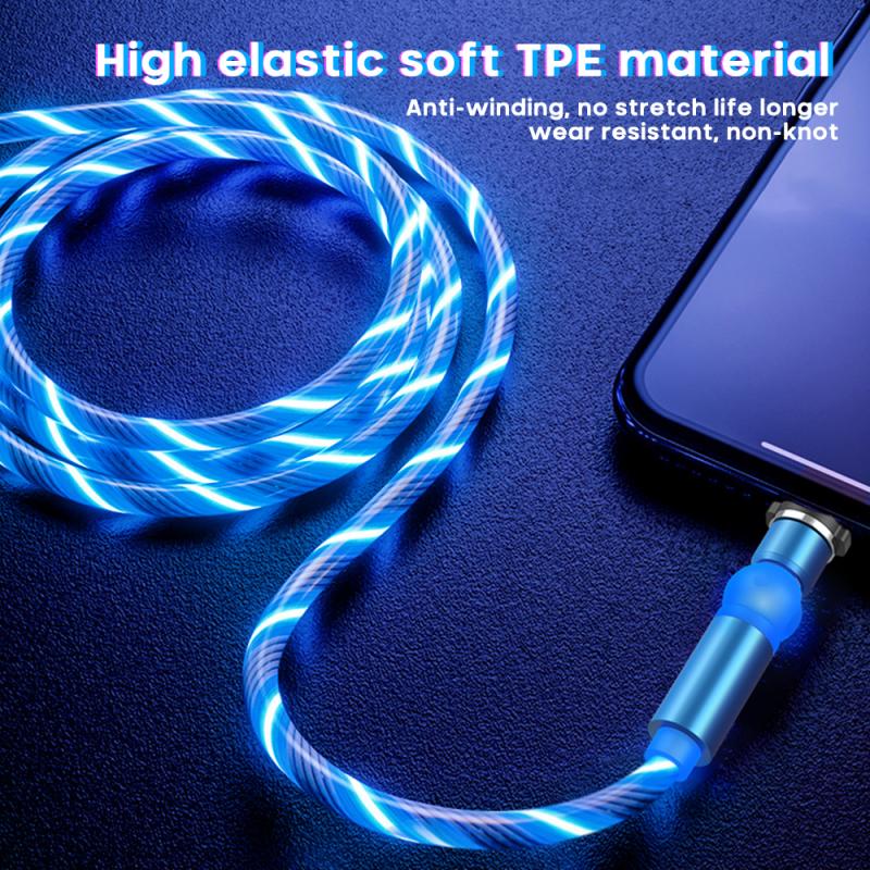 540 graden gloeiende magnetische oplaadkabel voor mobiele telefoons met led-lampje, micro-usb-type c voor apple android-oplader, oplaadsnoer